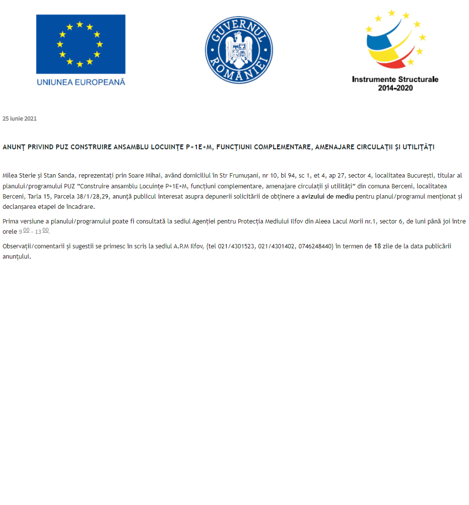 Anunț privind PUZ Construire ansamblu Locuințe P+1E+M, funcțiuni complementare, amenajare circulații și utilități