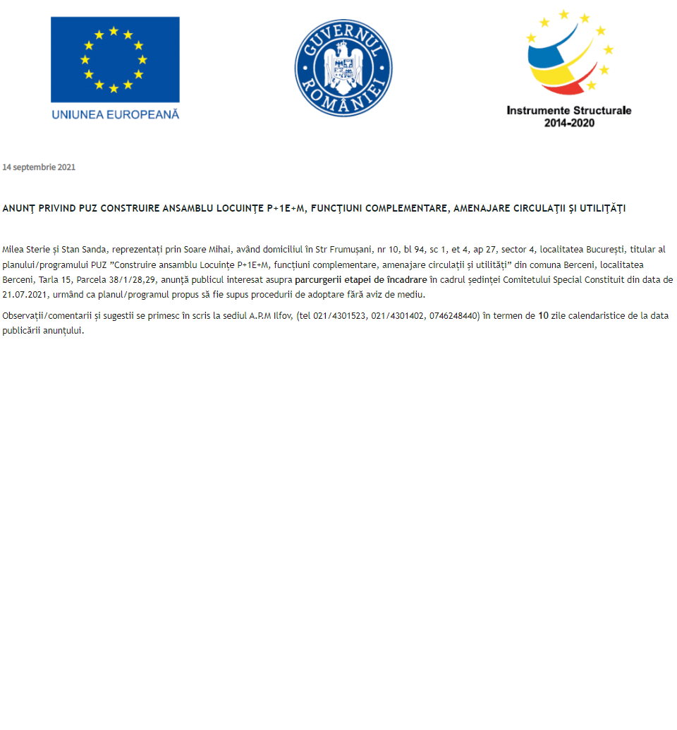 Anunț privind PUZ Construire ansamblu Locuințe P+1E+M, funcțiuni complementare, amenajare circulații și utilități