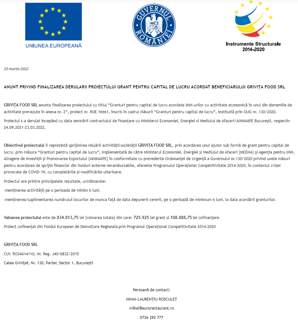 Anunț privind finalizarea derulării proiectului Grant pentru capital de lucru acordat beneficiarului GRIVIȚA FOOD SRL