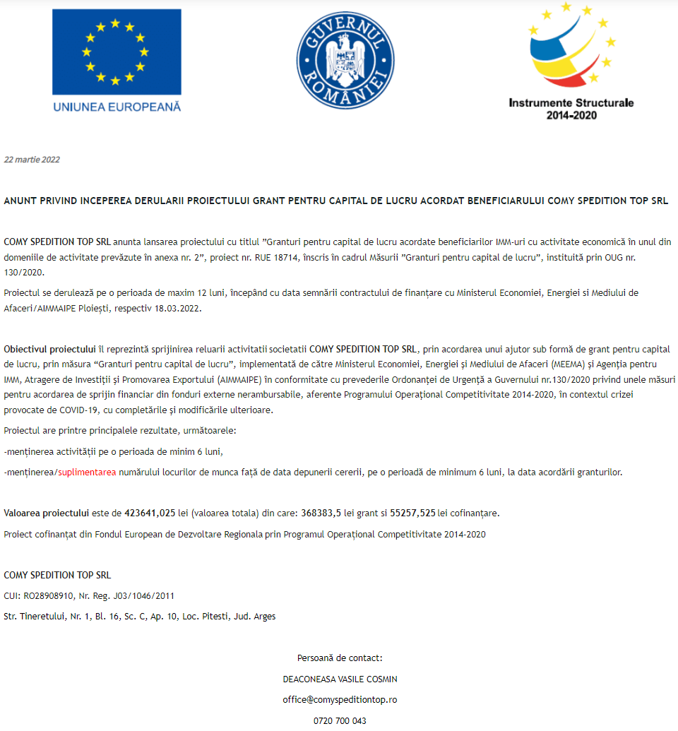 Anunț privind începerea derulării proiectului Grant pentru capital de lucru acordat beneficiarului COMY SPEDITION TOP SRL