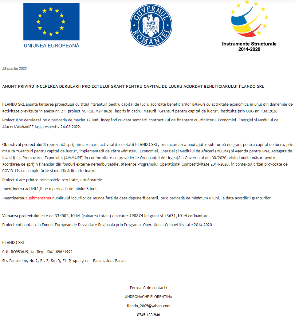 Anunț privind începerea derulării proiectului Grant pentru capital de lucru acordat beneficiarului FLANDO SRL