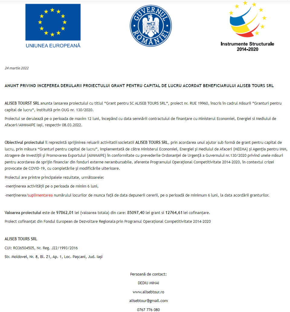 Anunț privind începerea derulării proiectului Grant pentru capital de lucru acordat beneficiarului ALISEB TOURS SRL