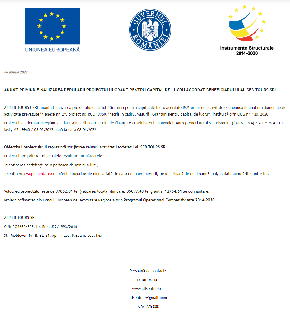 Anunț privind finalizarea derulării proiectului Grant pentru capital de lucru acordat beneficiarului ALISEB TOURS SRL