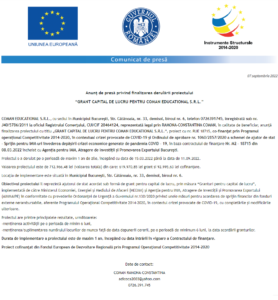 Anunt finalizare proiect COMAN EDUCATIONAL SRL