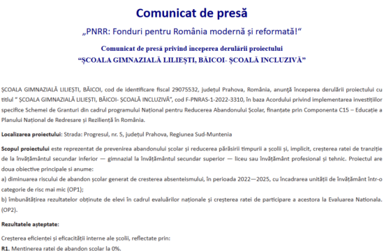 Comunicat de presa incepere proiect fonduri PNRR - ȘCOALA GIMNAZIALĂ LILIEȘTI_BĂICOI
