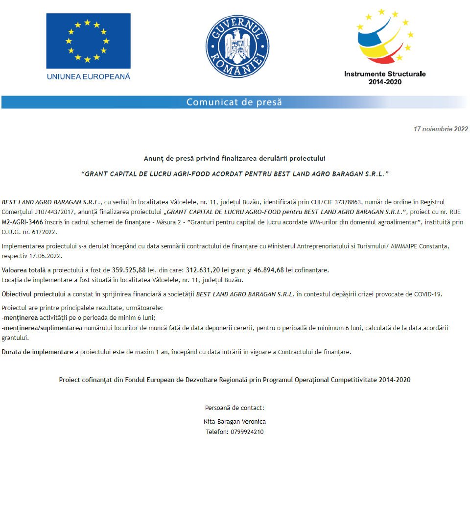 Anunț privind finalizarea derulării proiectului Grant capital de lucru AGRI-FOOD acordat beneficiarului BEST LAND AGRO BARAGAN S.R.L.