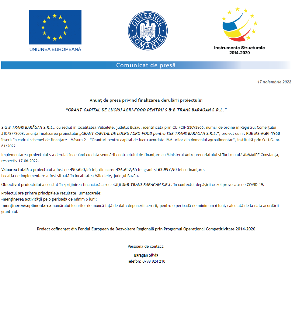 Anunț privind finalizarea derulării proiectului Grant capital de lucru AGRI-FOOD acordat beneficiarului S & B TRANS BARAGAN S.R.L.