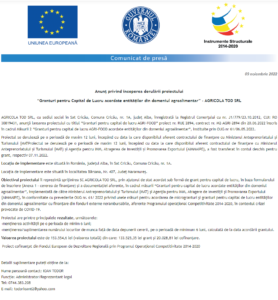 Anunt incepere proiect AGRICOLA TOD