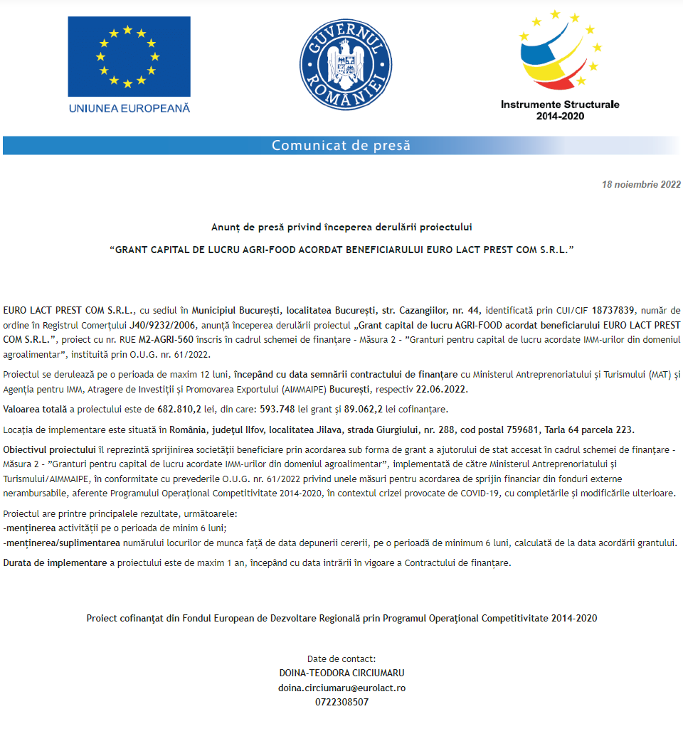 Anunț privind începerea derulării proiectului Grant capital de lucru AGRI-FOOD acordat beneficiarului EURO LACT PREST COM SRL