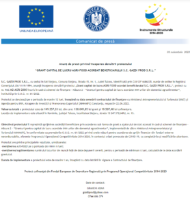 Anunt incepere proiect GAZDI PROD SRL