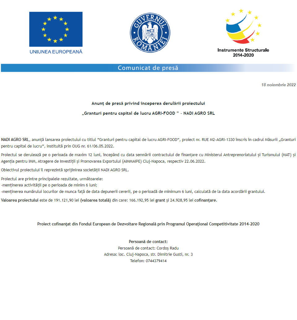 Anunț privind începerea derulării proiectului Grant capital de lucru AGRI-FOOD acordat beneficiarului NADI AGRO SRL