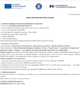 Anunt procedura achizitie TOPANEL PRODUCTION PANELS SA