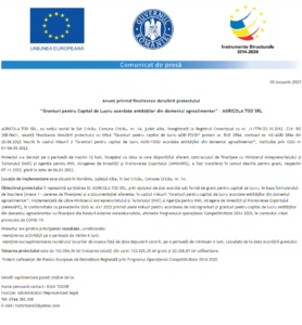 Anunt finalizare proiect AGRICOLA TOD SRL