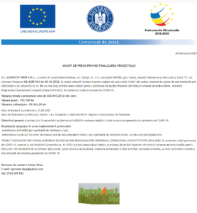 Anunt finalizare proiect AGROVEST SHOP SRL