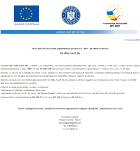 Anunt finalizare proiect BIO NERA PLANT SRL