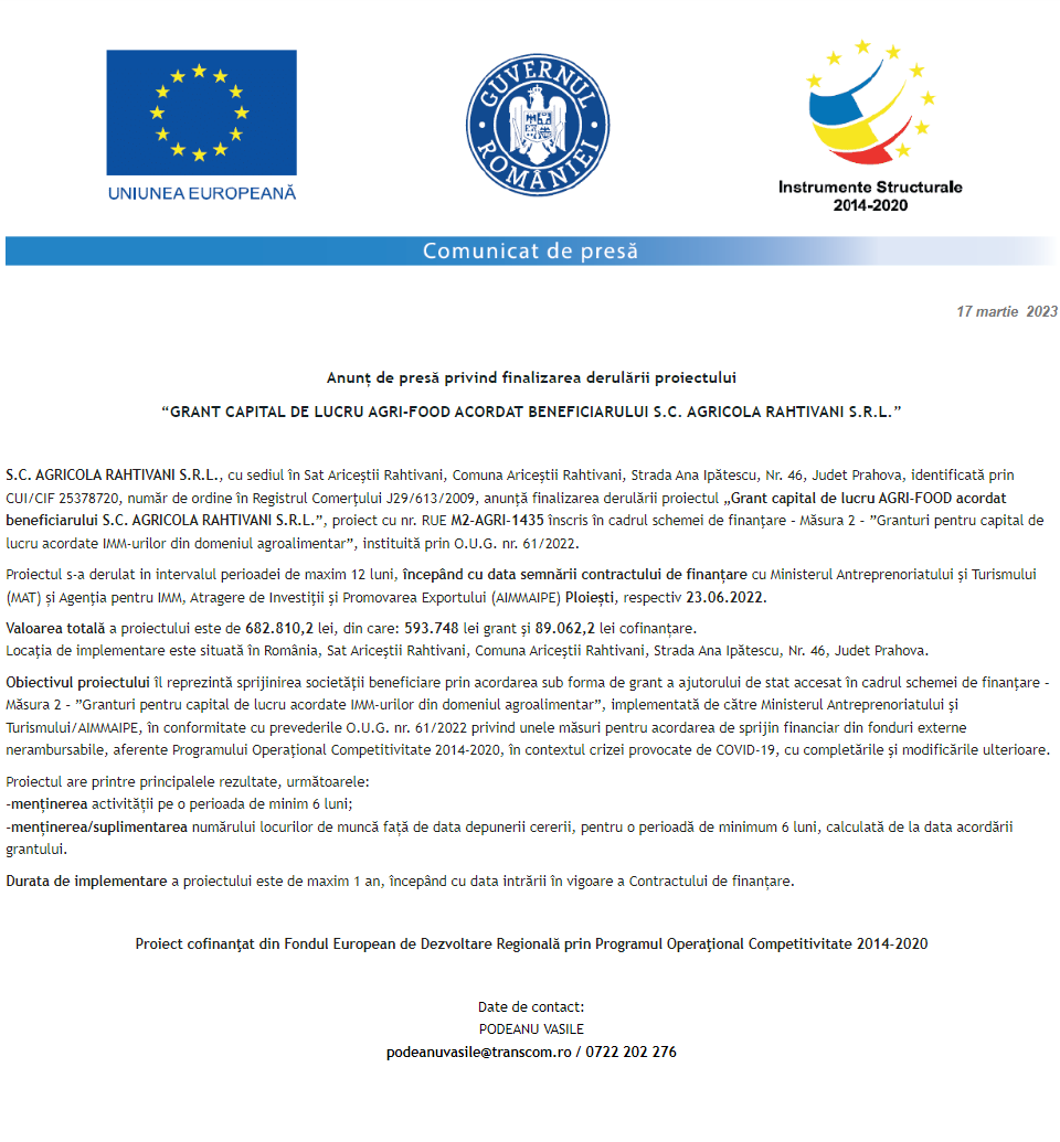 Anunț privind finalizarea derulării proiectului Grant capital de lucru AGRI-FOOD acordat beneficiarului S.C. AGRICOLA RAHTIVANI S.R.L.