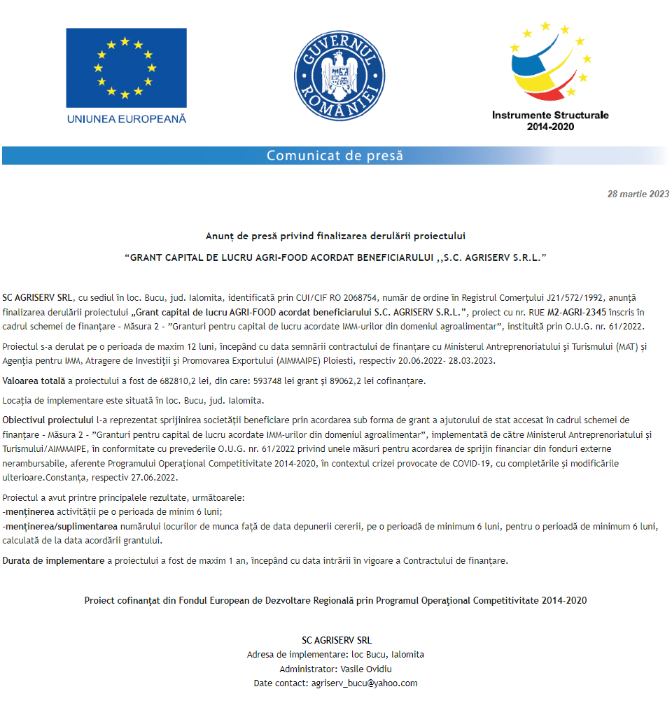 Anunț privind finalizarea derulării proiectului Grant capital de lucru AGRI-FOOD acordat beneficiarului SC AGRISERV SRL