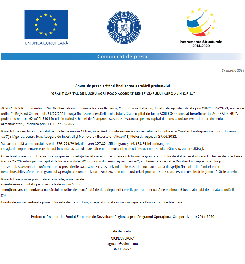 Anunț privind finalizarea derulării proiectului Grant capital de lucru AGRI-FOOD acordat beneficiarului AGRO ALIN S.R.L.