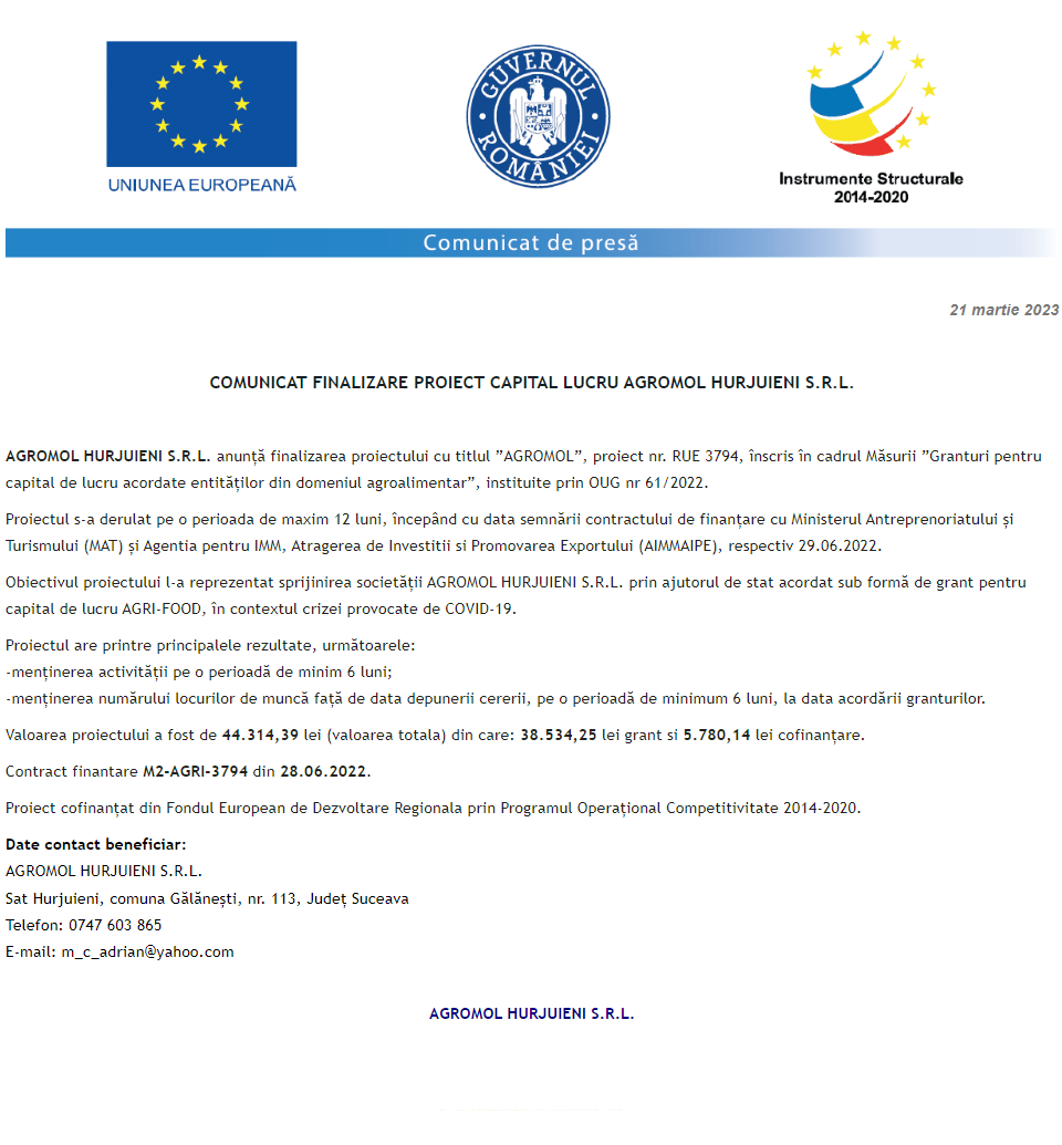 Anunț privind finalizarea derulării proiectului Grant capital de lucru AGRI-FOOD acordat beneficiarului AGROMOL HURJUIENI SRL