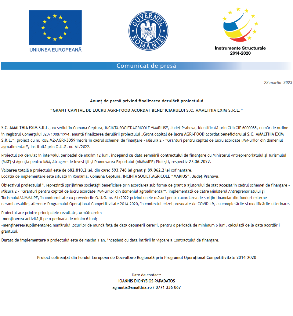 Anunț privind finalizarea derulării proiectului Grant capital de lucru AGRI-FOOD acordat beneficiarului S.C. AMALTHIA EXIM S.R.L.