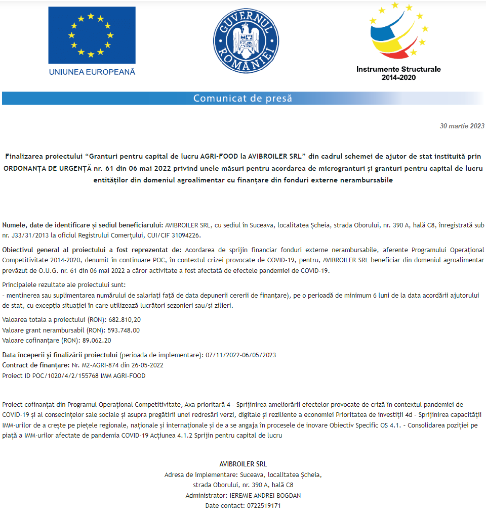 Anunț privind finalizarea derulării proiectului Grant capital de lucru AGRI-FOOD acordat beneficiarului AVIBROILER S.R.L.