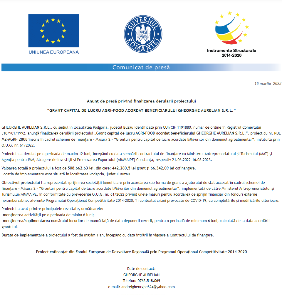 Anunț privind finalizarea derulării proiectului Grant capital de lucru AGRI-FOOD acordat beneficiarului GHEORGHE AURELIAN S.R.L.