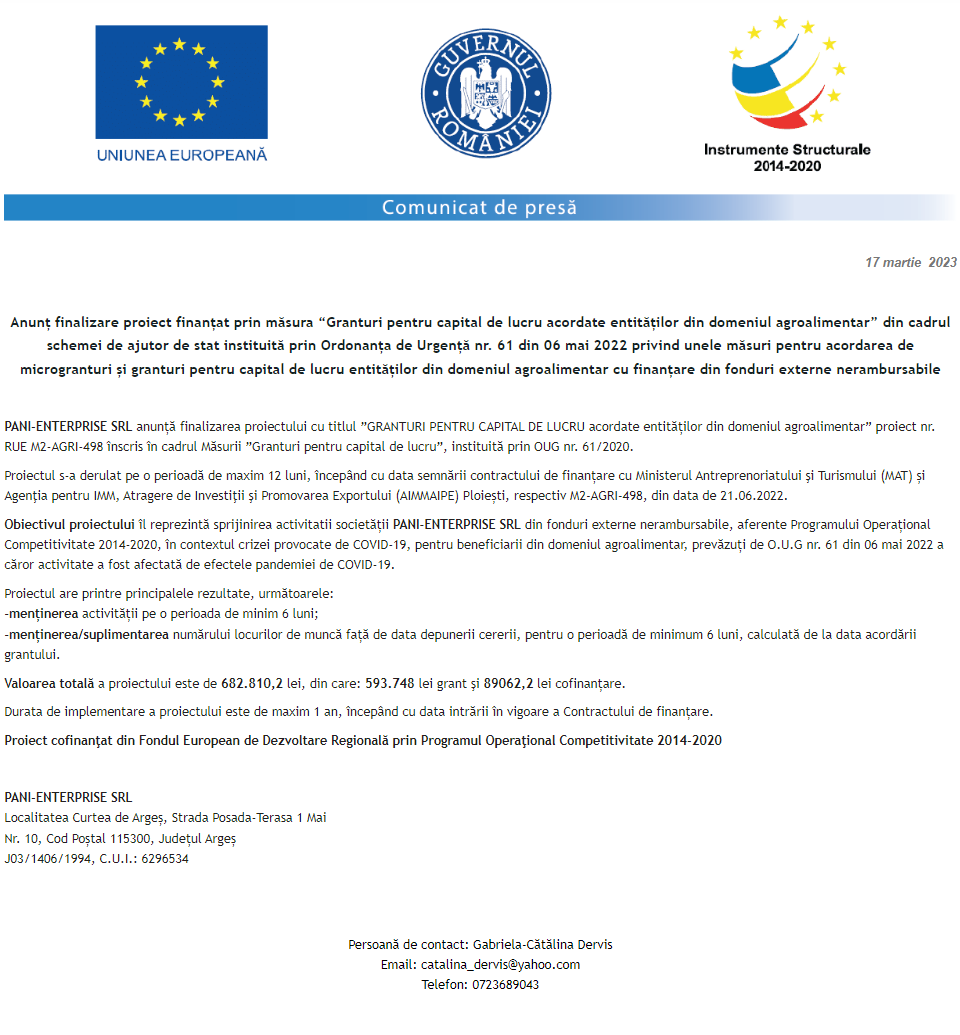 Anunț privind finalizarea derulării proiectului Grant capital de lucru AGRI-FOOD acordat beneficiarului PANI-ENTERPRISE SRL S.R.L.