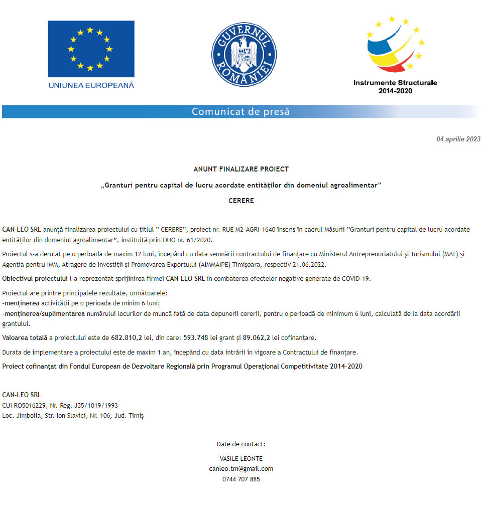 Anunț privind finalizarea derulării proiectului Grant capital de lucru AGRI-FOOD acordat beneficiarului CAN-LEO S.R.L.
