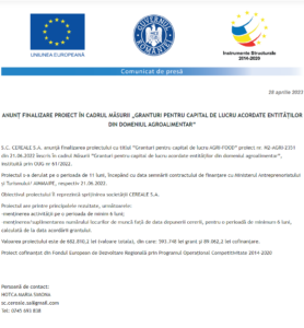 Anunt finalizare proiect CEREALE SRL
