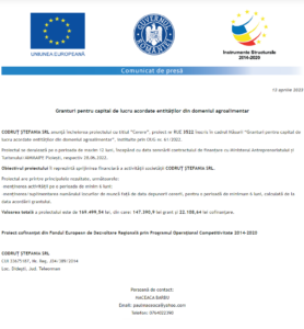 Anunt finalizare proiect CODRUȚ ȘTEFANIA SRL