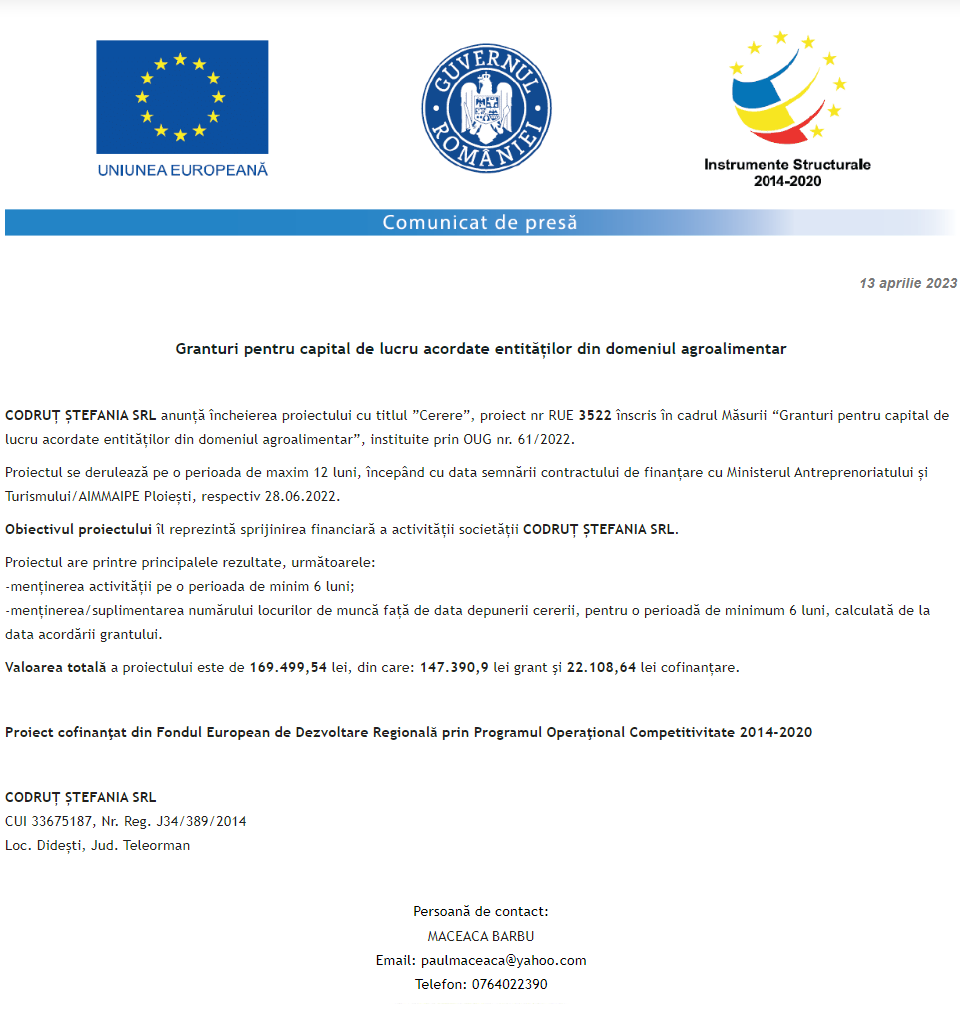 Anunț privind finalizarea derulării proiectului Grant capital de lucru AGRI-FOOD acordat beneficiarului CODRUȚ ȘTEFANIA SRL