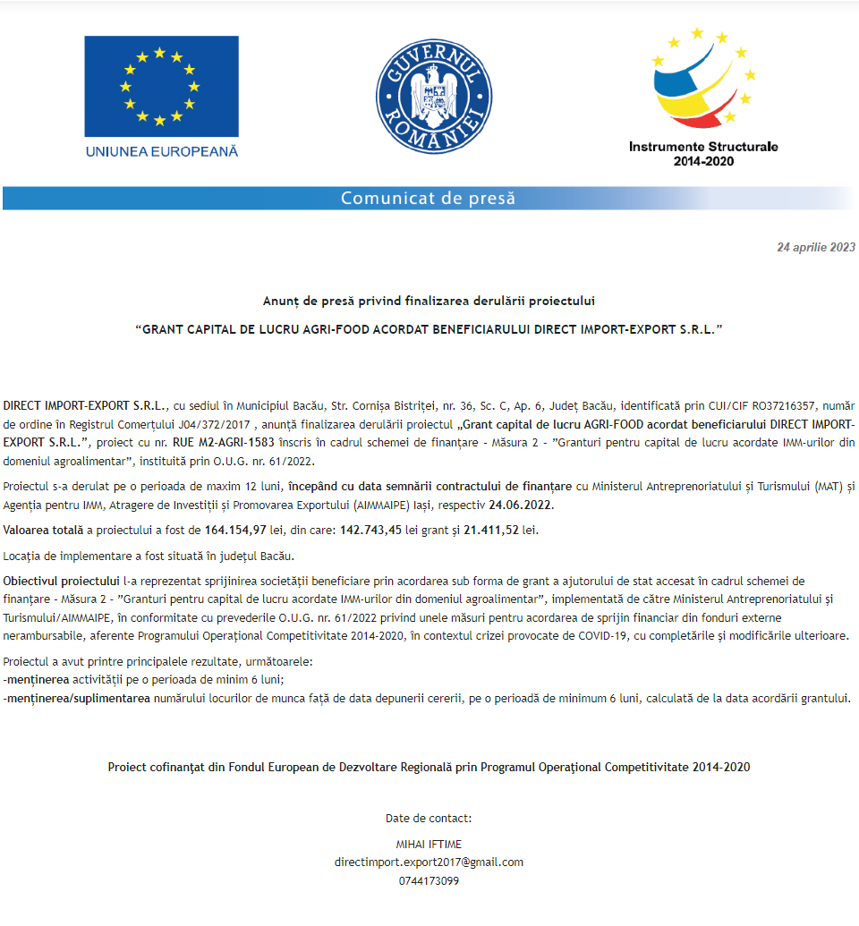 Anunț privind finalizarea derulării proiectului Grant capital de lucru AGRI-FOOD acordat beneficiarului DIRECT IMPORT-EXPORT S.R.L.