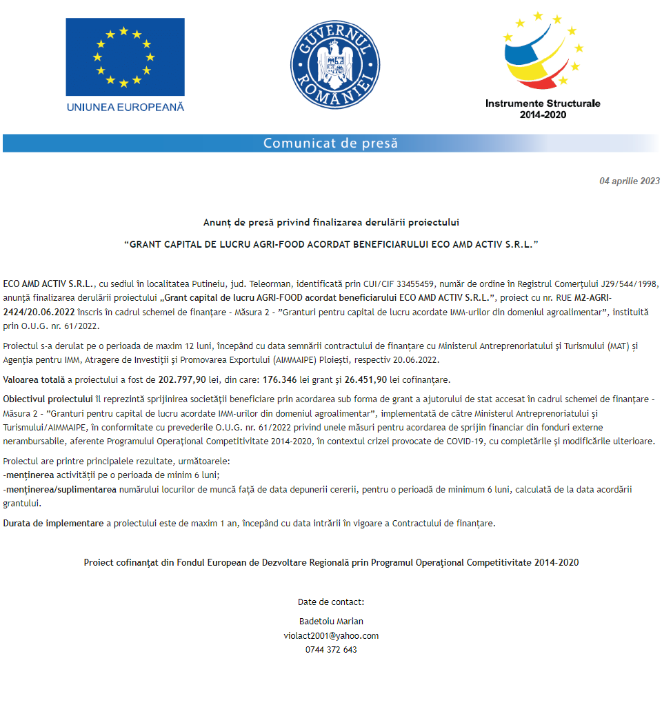 Anunț privind finalizarea derulării proiectului Grant capital de lucru AGRI-FOOD acordat beneficiarului ECO AMD ACTIV S.R.L.