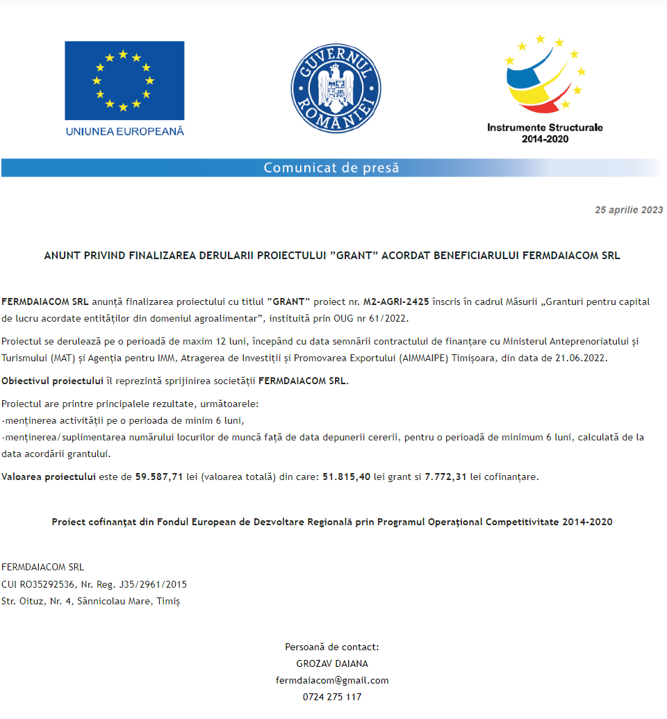 Anunț privind finalizarea derulării proiectului Grant capital de lucru AGRI-FOOD acordat beneficiarului FERMDAIACOM S.R.L.