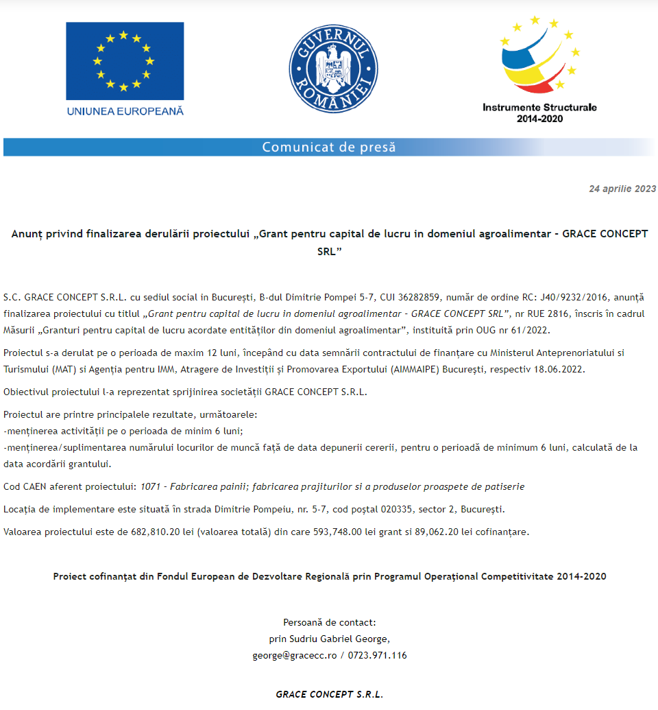 Anunț privind finalizarea derulării proiectului Grant capital de lucru AGRI-FOOD acordat beneficiarului S.C. GRACE CONCEPT S.R.L.