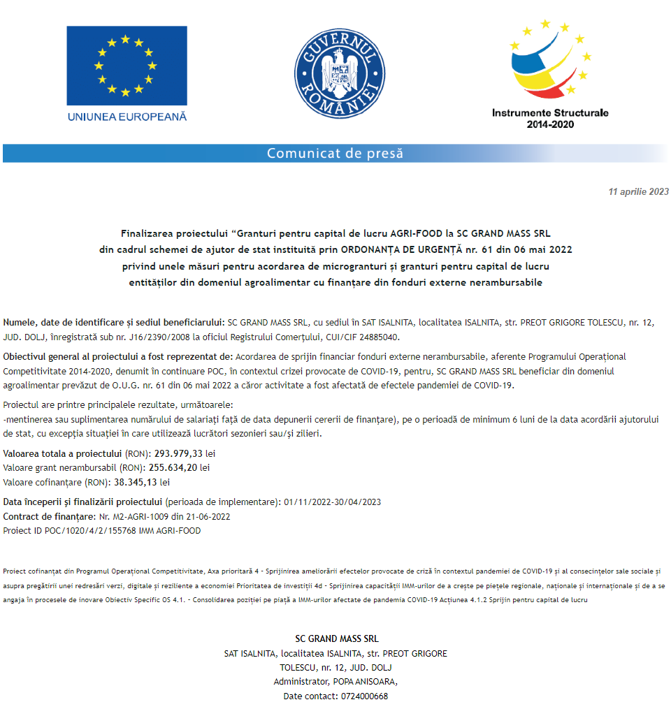 Anunț privind finalizarea derulării proiectului Granturi pentru capital de lucru AGRI-FOOD la SC GRAND MASS SRL