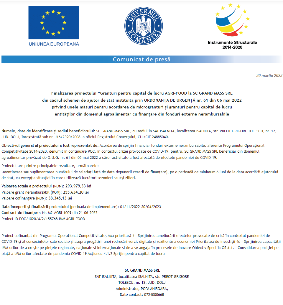 Anunț privind finalizarea derulării proiectului Granturi pentru capital de lucru AGRI-FOOD la SC GRAND MASS SRL