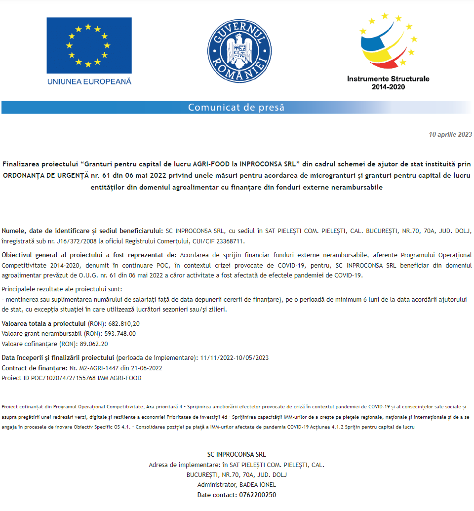 Anunț privind finalizarea derulării proiectului Grant capital de lucru AGRI-FOOD acordat beneficiarului S.C. INPROCONSA S.R.L.