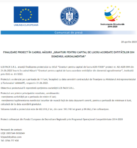 Anunt finalizare proiect LCB PACK SRL