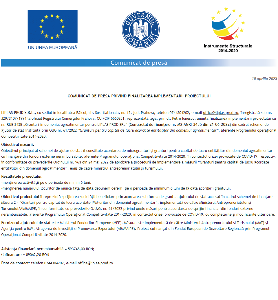 Anunț privind finalizarea derulării proiectului Grant capital de lucru AGRI-FOOD acordat beneficiarului LIPLAS PROD S.R.L.