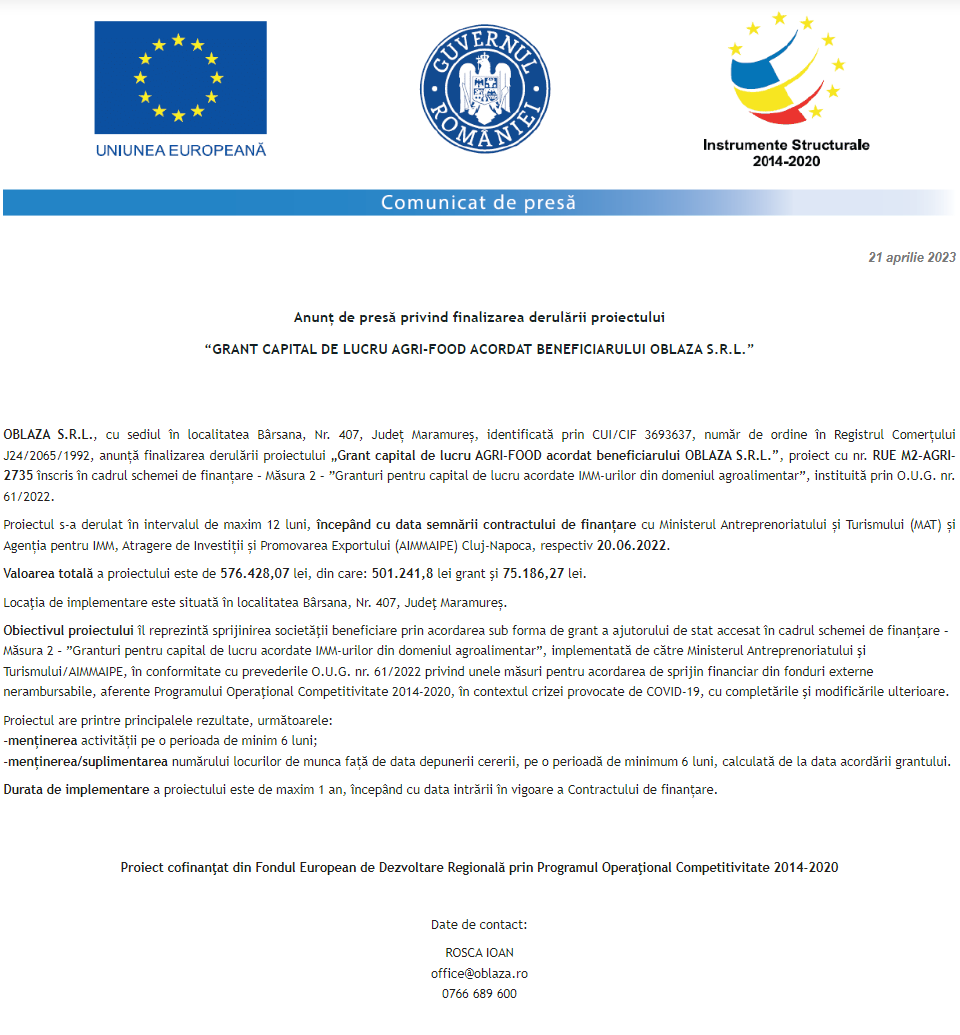 Anunț privind finalizarea derulării proiectului Grant capital de lucru AGRI-FOOD acordat beneficiarului OBLAZA S.R.L.