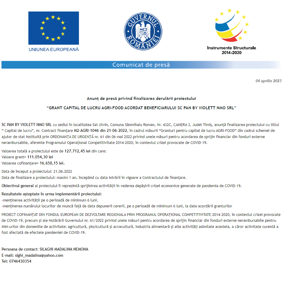 Anunț privind finalizarea derulării proiectului Grant capital de lucru AGRI-FOOD acordat beneficiarului SC PAN BY VIOLETT NMO SRL
