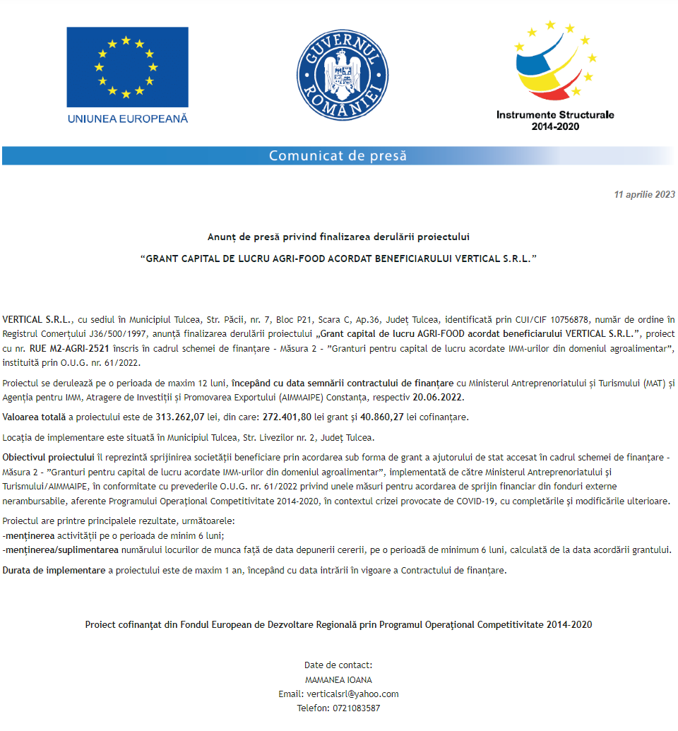 Anunț privind finalizarea derulării proiectului Grant capital de lucru AGRI-FOOD acordat beneficiarului VERTICAL S.R.L.