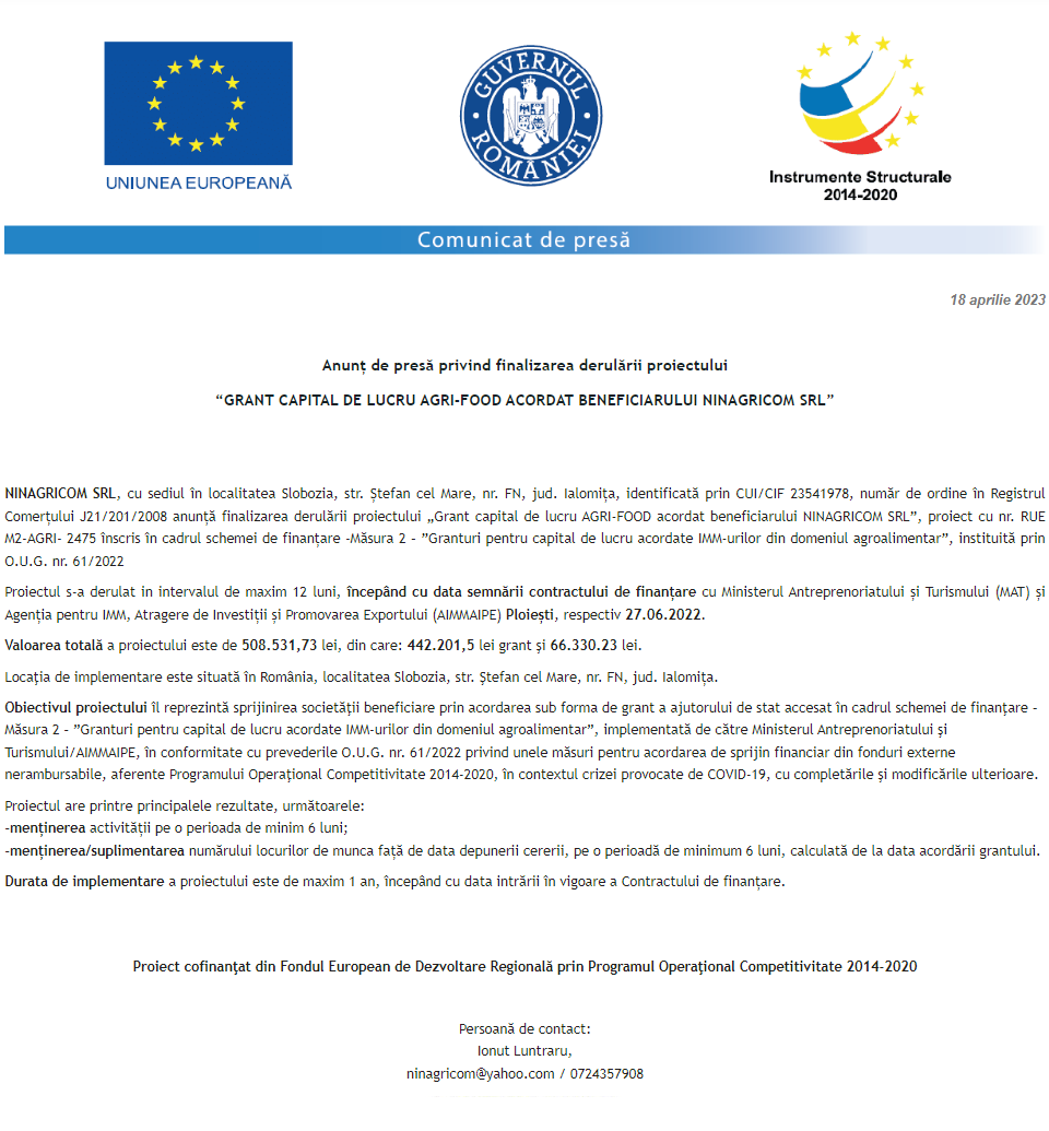 Anunț privind finalizarea derulării proiectului Grant capital de lucru AGRI-FOOD acordat beneficiarului NINAGRICOM S.R.L.