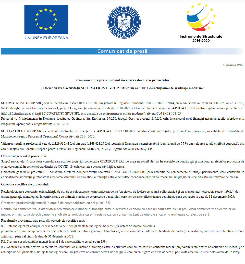Comunicat de presă privind începerea derulării proiectului „Eficientizarea activității SC CIVATRUST GRUP SRL prin achiziția de echipamente și utilaje moderne”