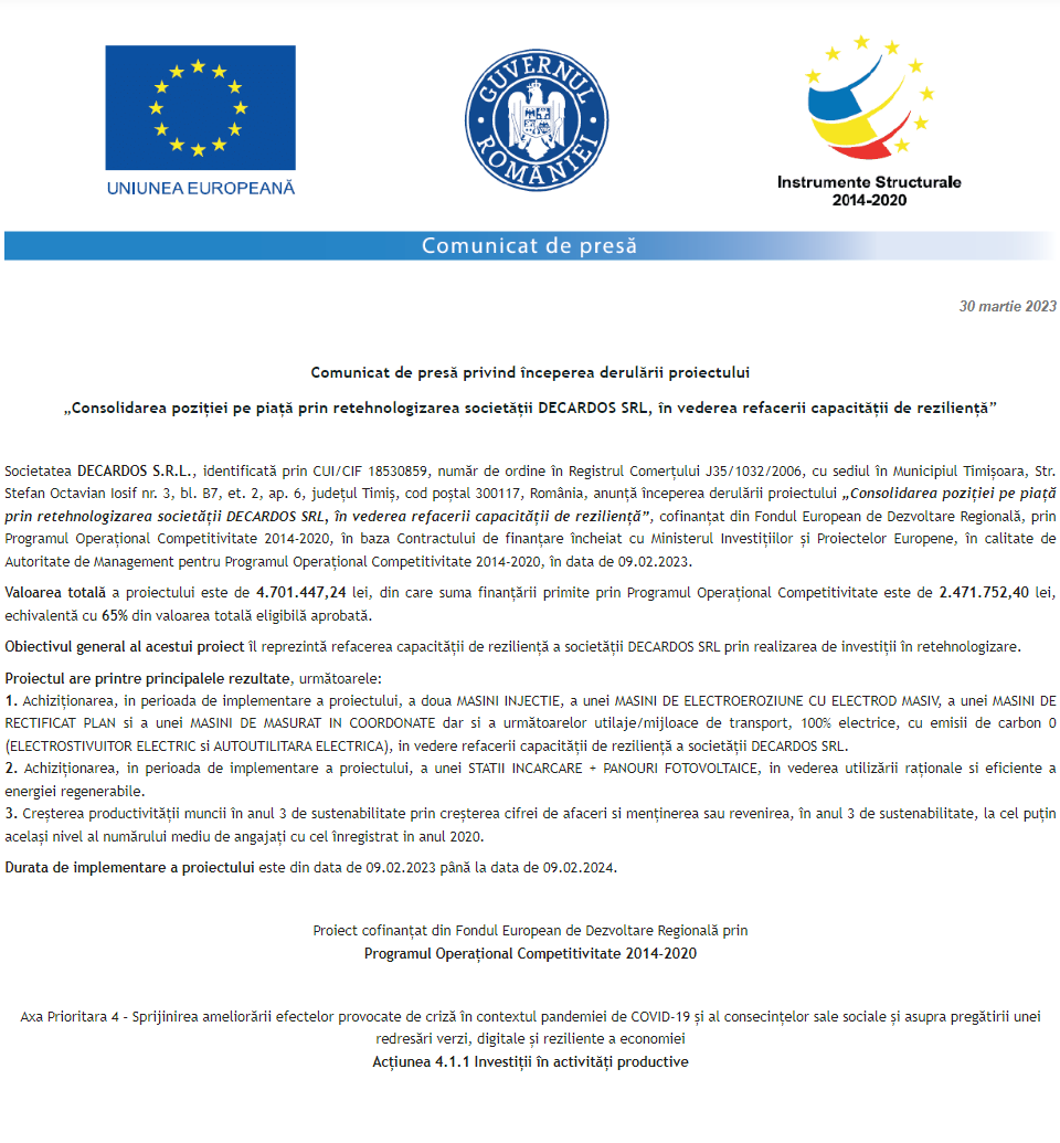 Comunicat de presă privind începerea derulării proiectului „Consolidarea poziției pe piață prin retehnologizarea societății DECARDOS SRL, în vederea refacerii capacității de reziliență”