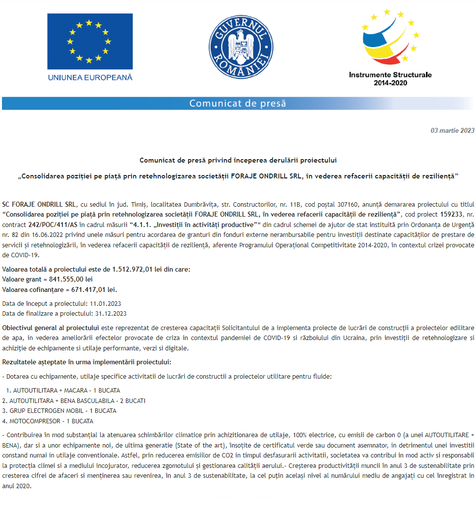 Comunicat de presă privind începerea derulării proiectului Consolidarea poziției pe piață prin retehnologizarea societății FORAJE ONDRILL SRL, în vederea refacerii capacității de reziliență