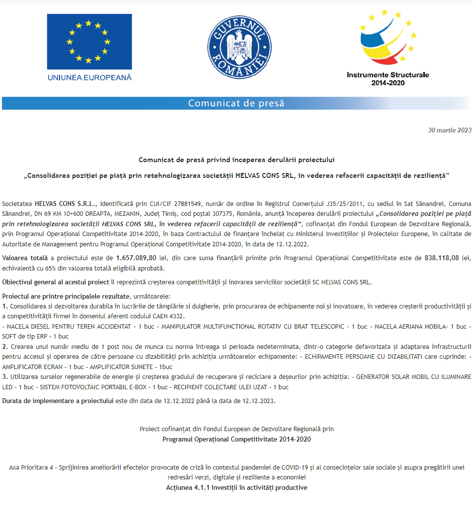 Comunicat de presă privind începerea derulării proiectului „Consolidarea poziției pe piață prin retehnologizarea societății HELVAS CONS SRL, în vederea refacerii capacității de reziliență”