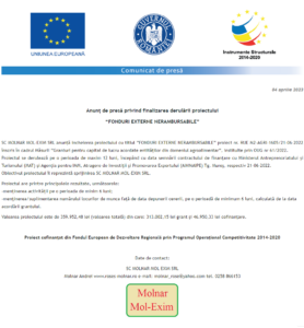 Comunicat de presa incheiere proiect MOLNAR MOL-EXIM SRL