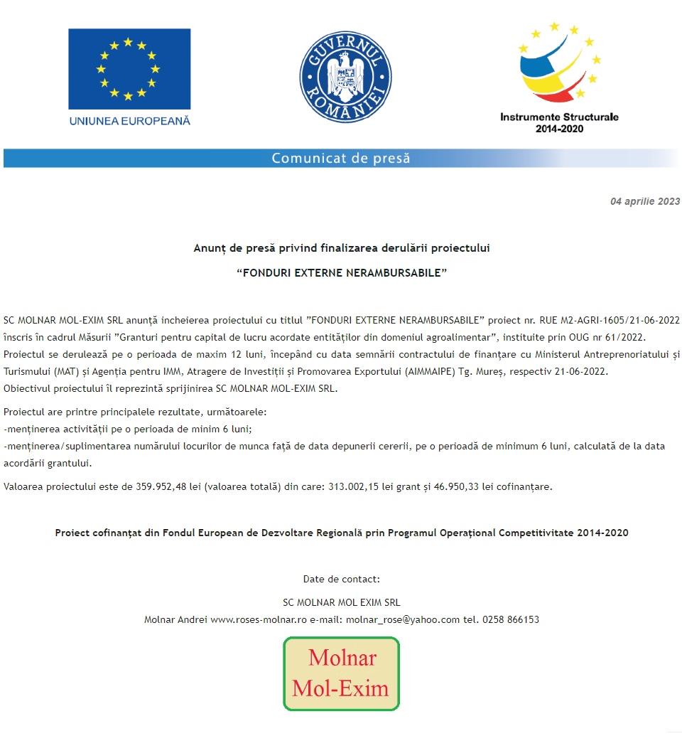 Anunț privind finalizarea derulării proiectului Grant capital de lucru AGRI-FOOD acordat beneficiarului MOLNAR MOL-EXIM S.R.L.